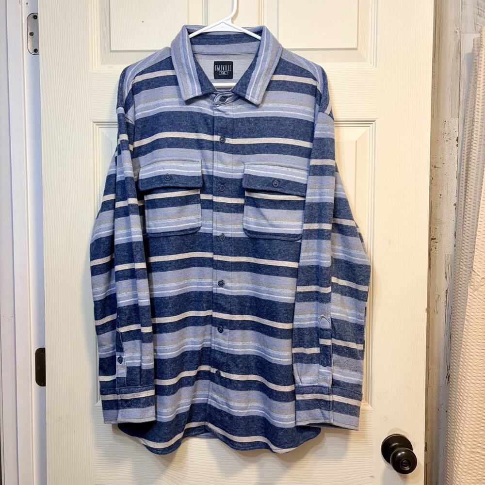 CaliVille Men's XXL Striped Button Up Shirt Blue Long Sleeve Flannel Style